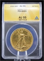 1924 Saint Gaudens $20 Gold Coin ANACS AU 55