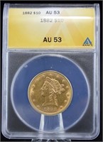 1882 $10 Liberty Head Gold Coin ANACS Graded AU 53