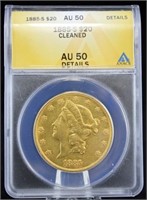 1885 S $20 Liberty Head Gold Coin ANACS AU 50