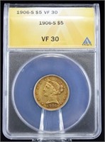 1906 S $5 Liberty Head Gold Coin ANACS VF 30