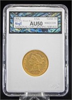 1882 S $5 Gold Liberty Head Coin NCGS AU 55 Errors