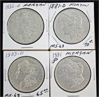 4 Morgan Dollars 1881 O, 82 O, 83 O & 81  P