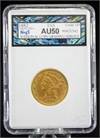 1882 $5 Gold Liberty Head Coin NCGS AU 50 Errors