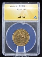 1905 $10 Liberty Head Gold Coin ANACS Graded AU 53