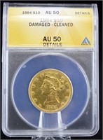 1884 $10 Liberty Head Gold Coin ANACS Graded AU 50