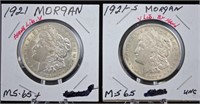 Two High Grade 1921 P & S Morgan Dollars w/ Errors