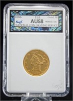 1886 $5  Dollar Gold Liberty Head Coin NCGS AU 58
