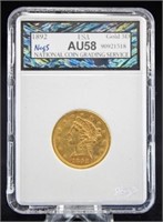1892 $5  Dollar Gold Liberty Head Coin NCGS AU 58