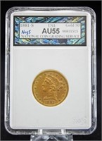 1881 S $5 Gold Liberty Head Coin NCGS AU 55