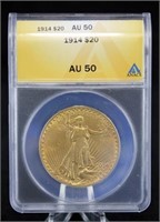 1914 Saint Gaudens $20 Gold Coin ANACS AU 50