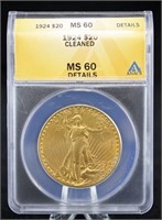 1924 Saint Gaudens $20 Gold Coin ANACS MS 60