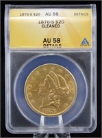1876 S $20 Gold Coin ANACS AU 58 Details