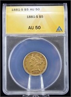 1881 S $5 Gold Liberty Head ANACS AU 55