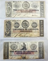 Three Georgia Notes 1858 - 1864, $5 - $50 & $100