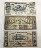 Three Louisiana Civil War Era Notes $1, $3 and $5