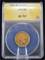 1880 $5 Gold Liberty Head ANACS AU 50
