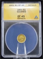 1851 One Dollar Liberty Head Gold Coin ANACS EF 45
