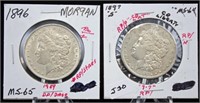 2 Morgan Silver Dollars w/ Errors 1897 S & 1896 P
