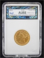 1881 Five Dollar Gold Liberty Head Coin NCGS AU 55