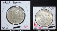 Two 1923  P  Peace Silver Dollars with Errors