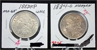 2 Morgan Silver Dollars w/ Errors 1882 P & 1884 O