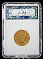 1881 Five Dollar Gold Liberty Head Coin NCGS AU 58