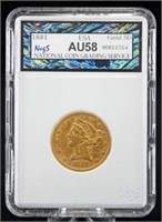 1881 Five Dollar Gold Liberty Head Coin NCGS AU 58
