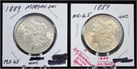 Two 1889 P Morgan Silver Dollars with Errors
