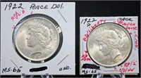 Two 1922  P  Peace Silver Dollars with Errors
