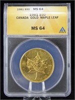 1981 Canada $50 Gold Maple Leaf, ANACS MS 64