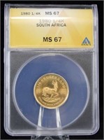 1980 South Africa 1/4 Krugerrand Coin ANACS MS 67
