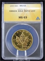 1999 Canada $50 Gold Maple Leaf, ANACS MS 63