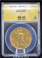1923 $20 Saint Gaudens Gold Coin ANACS MS 60