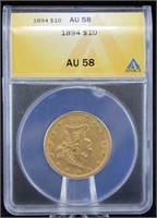 1894 $10 Liberty Head Gold Coin ANACS Graded AU 58
