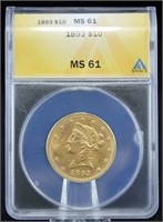 1893 $10 Liberty Head Gold Coin ANACS Graded MS 61
