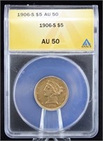 1906 S $5 Gold Liberty Head Coin ANACS AU 50