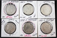 6 Morgan Silver Dollars "S" Mint Marks 1879 - 97