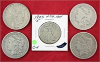 4 Morgan Silver Dollars & 1923 S Walking Liberty