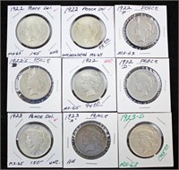 Nine 1922 and 1923 Peace Silver Dollars