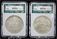 Two 1885 O, MS64 Morgan Silver Dollars