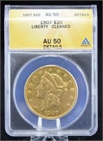 1907 $20 Liberty Head Gold Coin ANACS AU 50 Detail