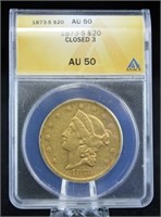 1873 S Cl.3 $20 Liberty Head Gold Coin ANACS AU 50