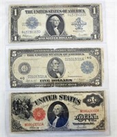 1917 $1 Note, 1923 $1 Silver Cert. & 1913 $5 Note