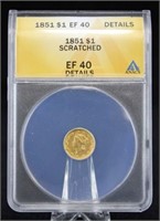 1851 One Dollar Liberty Head Gold Coin ANACS EF 40