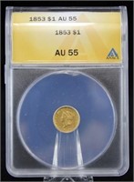 1853 One Dollar Liberty Head Gold Coin ANACS AU 55