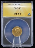 1903 Russia Gold 5 Rubles  ANACS MS 64