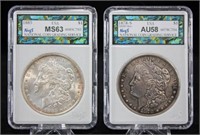 2 Morgan Silver Dollars 1878 S AU58 & 1885 P MS63