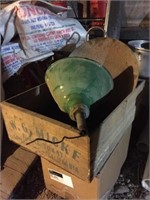 Antique Wood Crate, Green Light Shade, Metal Pot