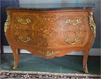 French Marquetry & Brass Bombay Marble-top Chest