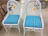 Pair Wicker Chairs, blue stripe seat